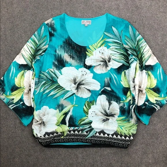 JM Collection Teal Tropical Floral Scoop-Neck Blouse Flowy Sleeves Sz 1X (V1) - Picture 7 of 10